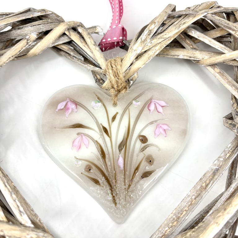 Pretty Glass & Wicker Hanging Heart in Neutral Shades 