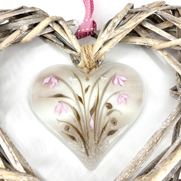 Pretty Glass & Wicker Hanging Heart in Neutral Shades 