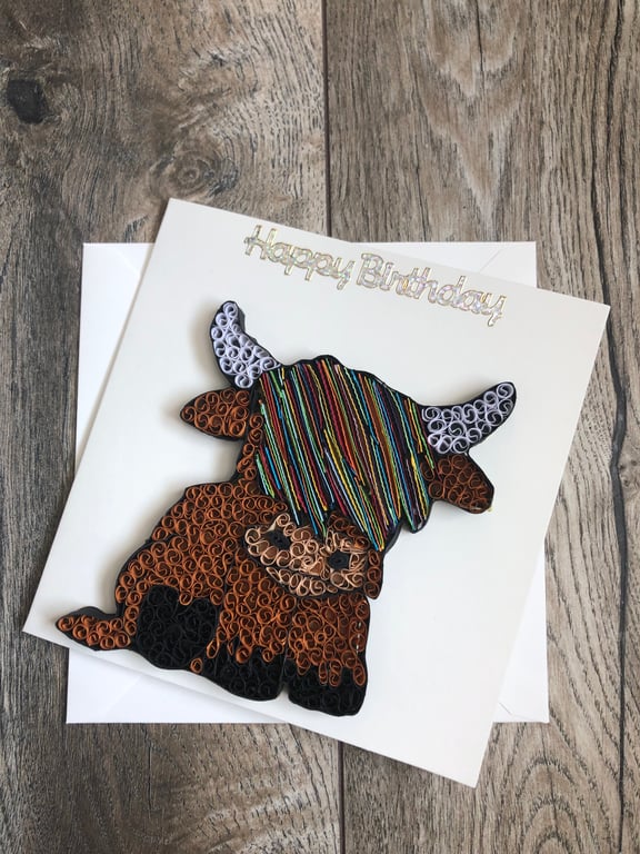 Handmade quilled highland cow happy birthday card