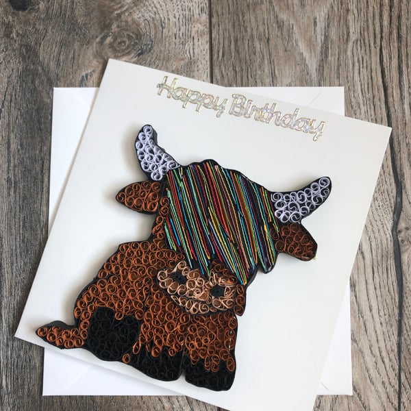 Handmade quilled highland cow happy birthday card