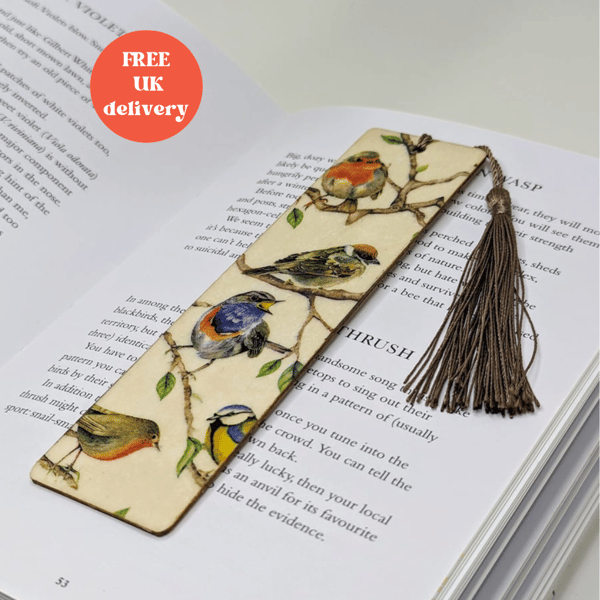 Garden birds wooden bookmark, gift  for a nature lover