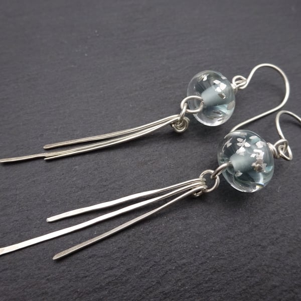 sterling silver earrings, grey glitter lampwork glass