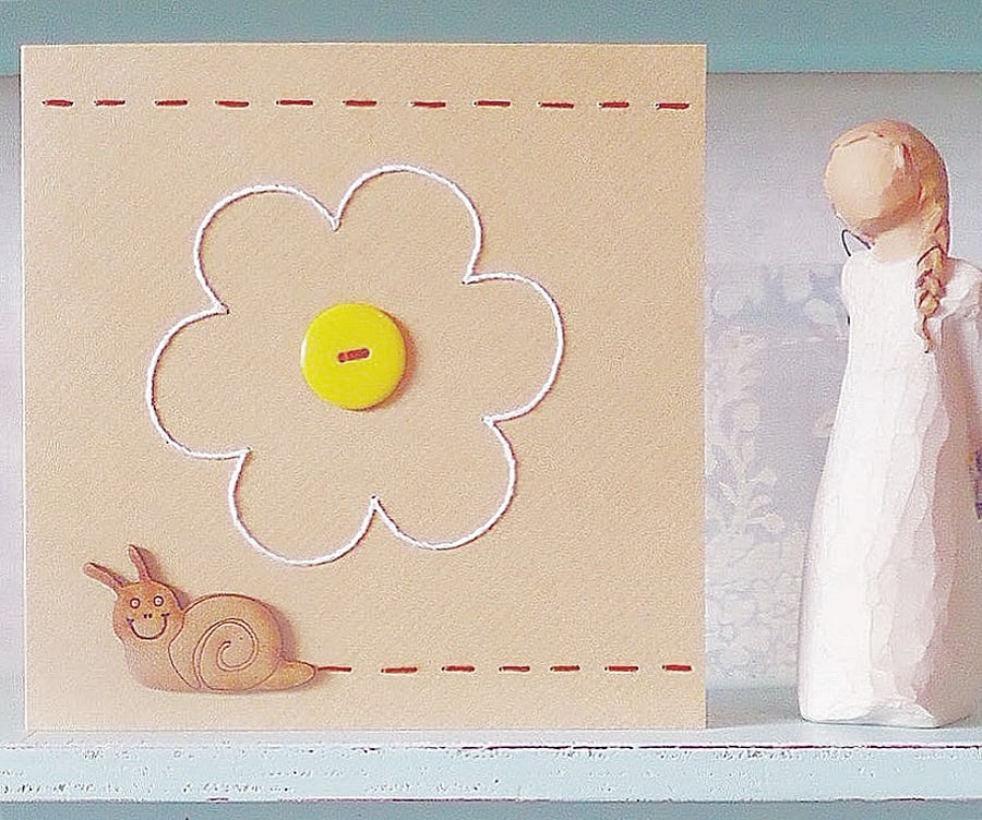 Snail Card. Hand Sewn Card. Embroidered Card. Blank Card. Bug Card. Insect Card.