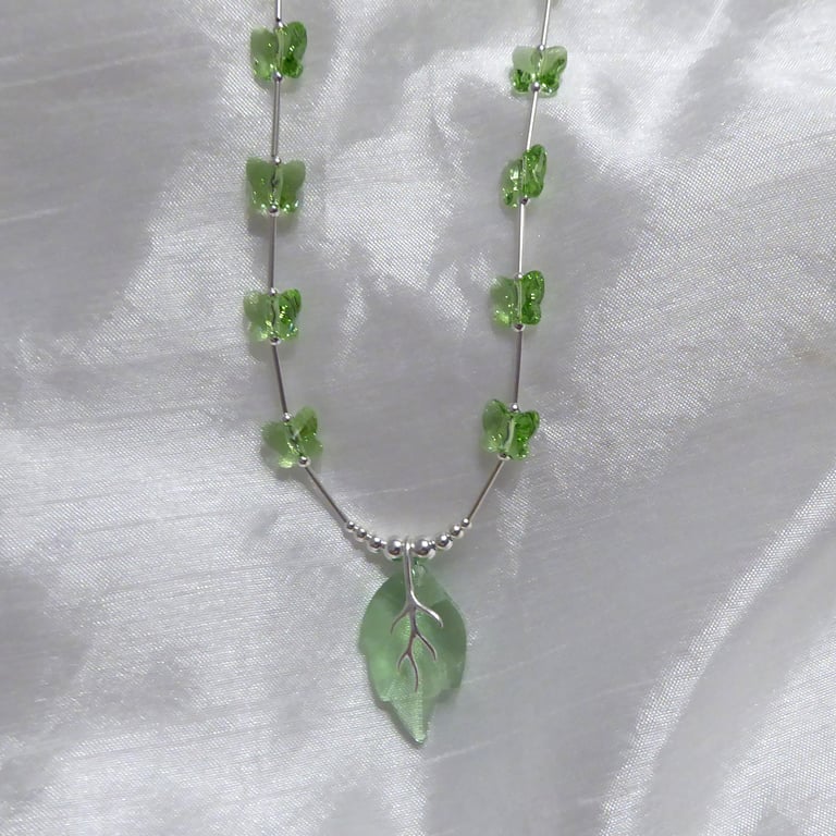 Sterling Silver and Swarovski Peridot Crystal Necklace with Leaf and butterflies