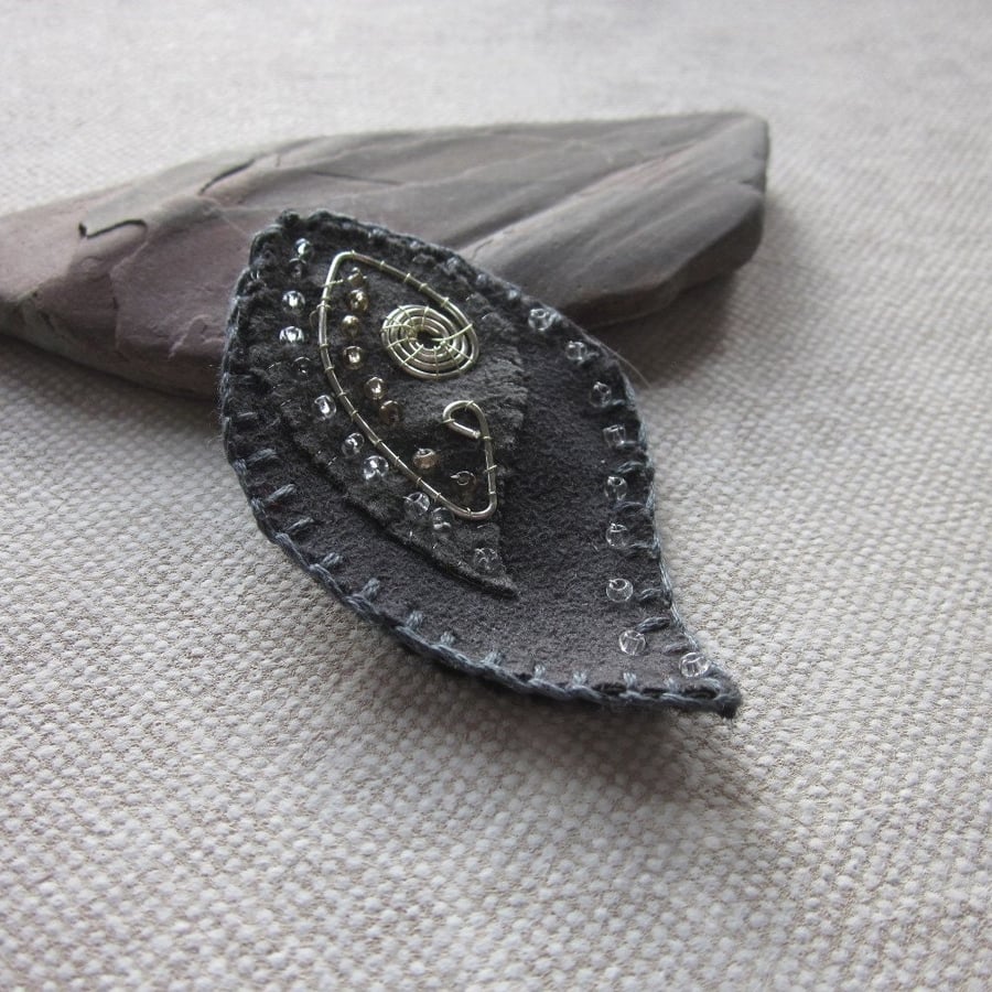 Charcoal Grey Silver Beaded Fabric Leaf Brooch