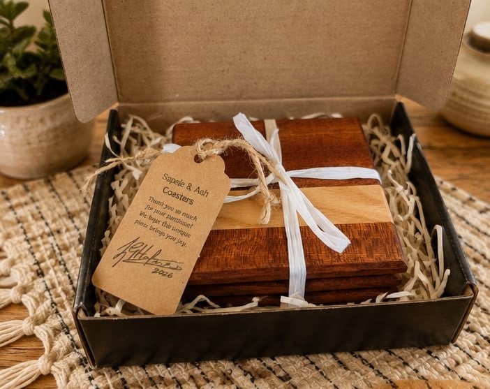 Handmade wooden coasters. Sapele & Ash, gift boxed. 