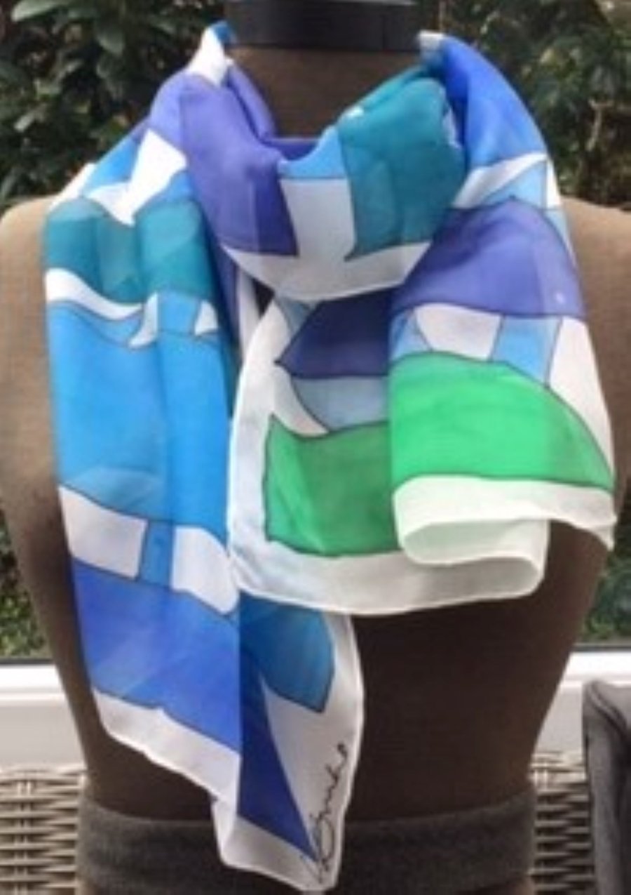 Blue and Turquoise abstract hand painted silk scarf. 