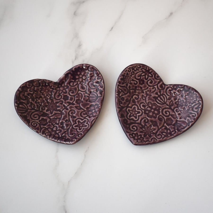 Pair of small heart shaped textured trinket dishes