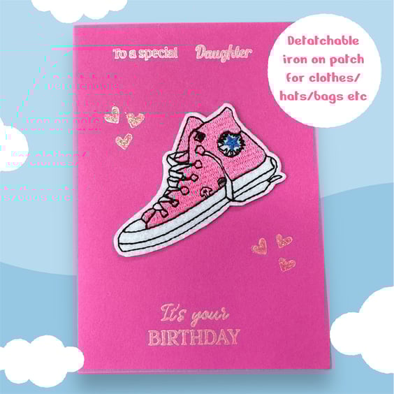 Birthday card for a special daughter. Teen, Hearts, Converse badge motif patch 