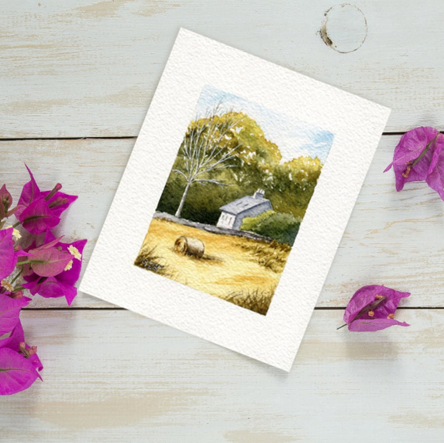  Original Watercolour Miniature painting of the Scottish countryside at harvest