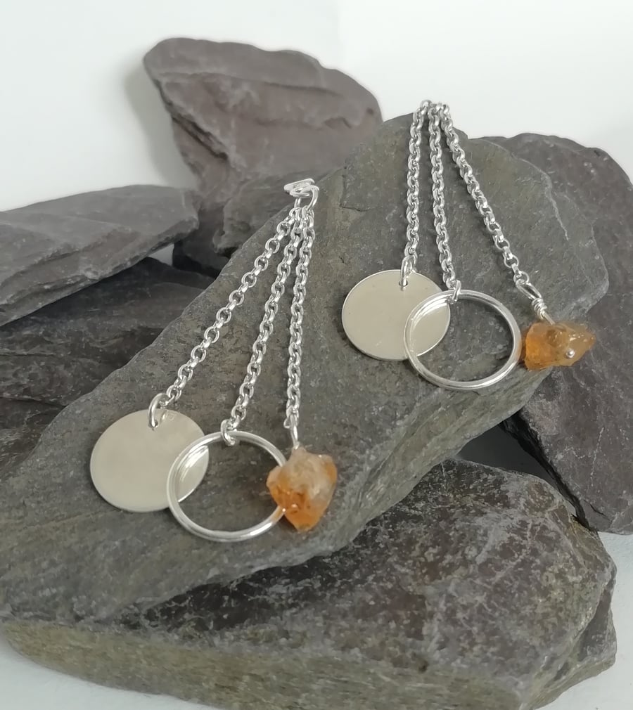Raw Citrines and Circles on a Trio of Chains Earrings