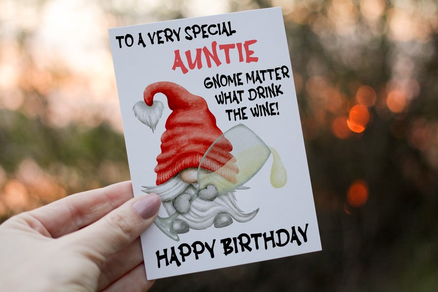 Special Auntie Drink The Wine Gnome Birthday Card, Gonk Birthday Card