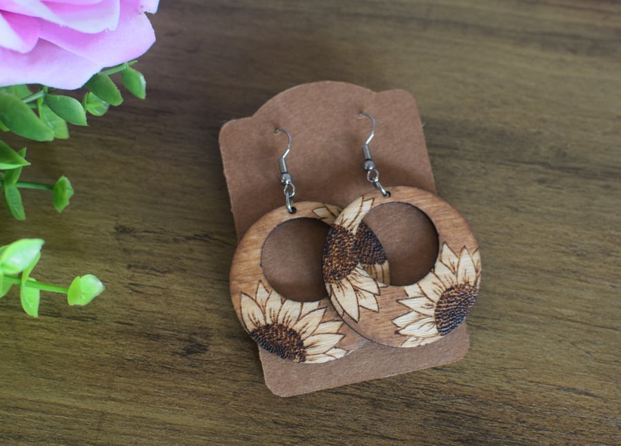 Wooden Pyrography Earrings - Sunflowers  