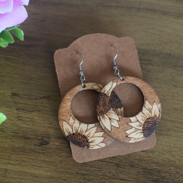Wooden Pyrography Earrings - Sunflowers  