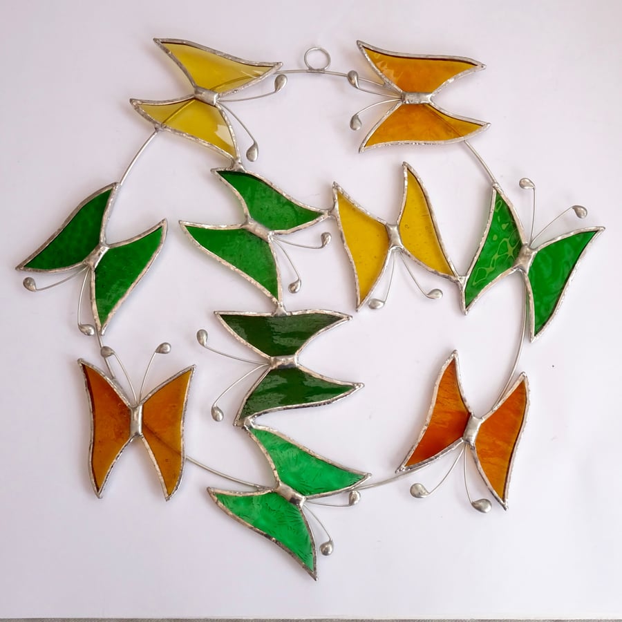 Stained Glass Butterfly Circle - Handmade Hanging Decoration - Green and Amber