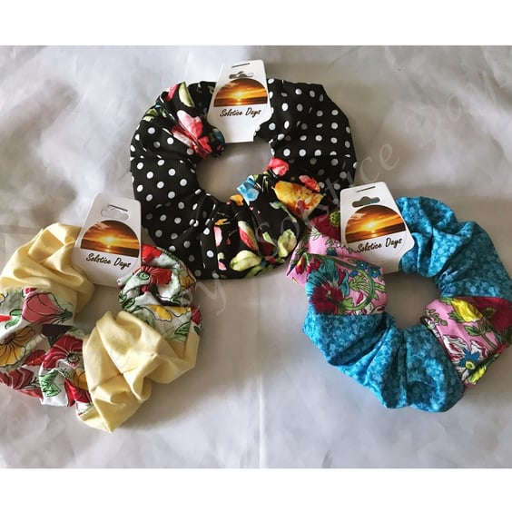Patchwork Floral Scrunchies Handmade Pink Yellow Scrunchies
