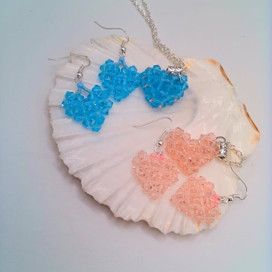 Hand Beaded Crystal Bicone Heart Pendant and Earrings, Custom Make, Gift Set
