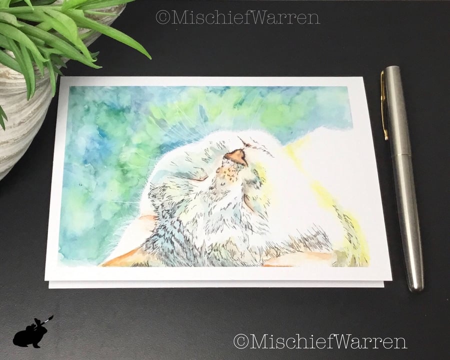 White Cat Card. Blank cat watercolour art card for any occasion.