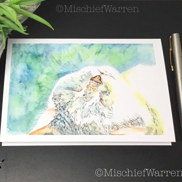 White Cat Card. Blank cat watercolour art card for any occasion.