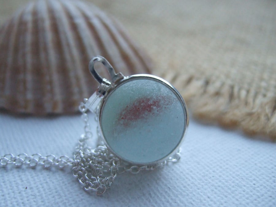 Red sea glass marble necklace, beach glass marble necklace, bezel set beach find