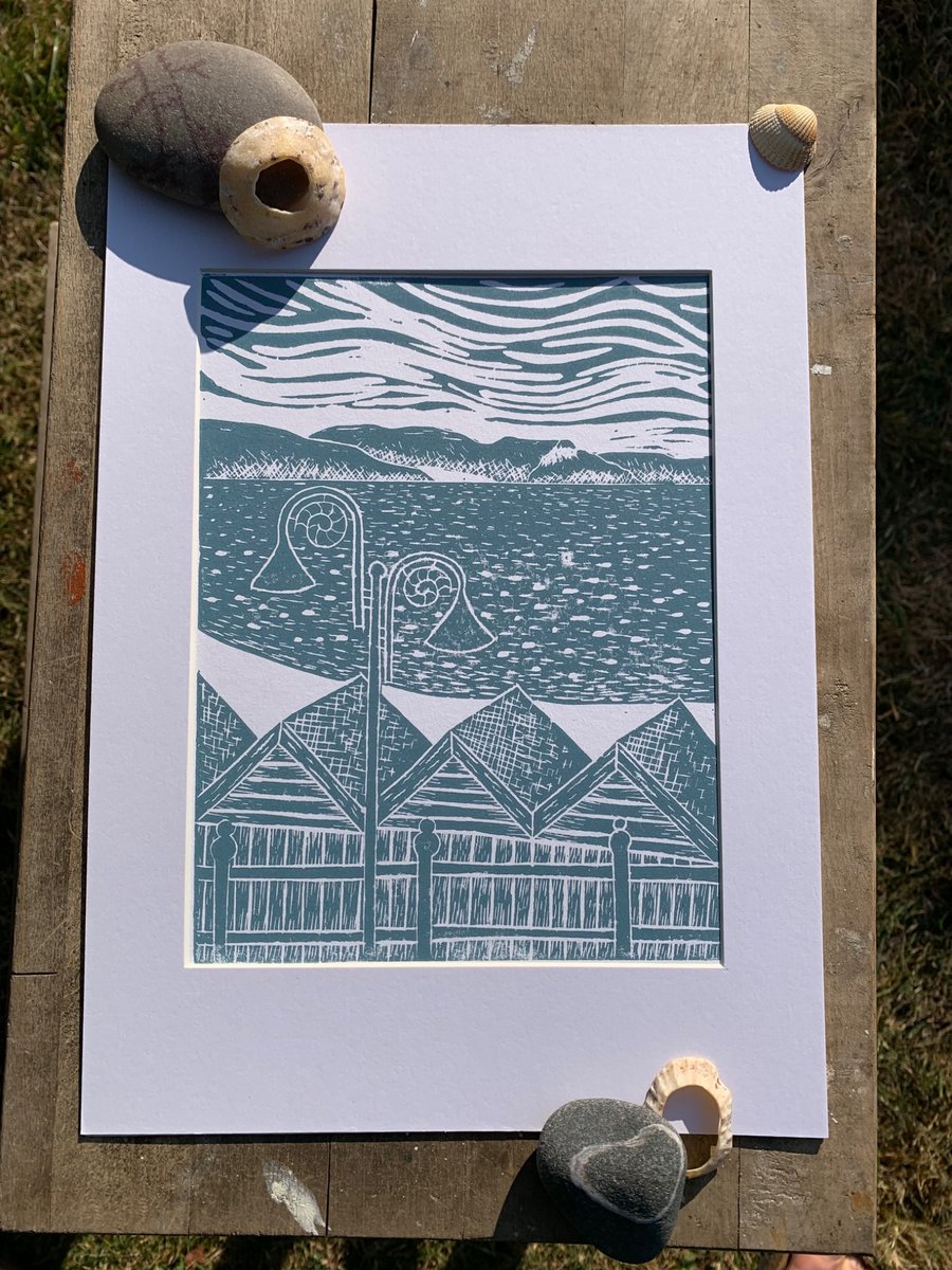 Lino print of Lyme Bay