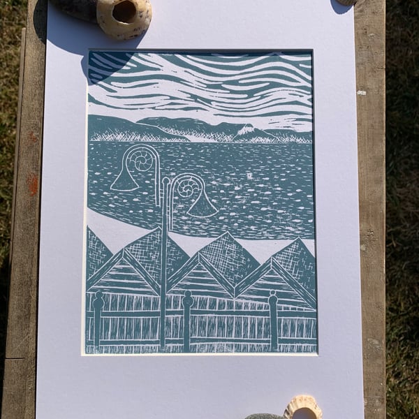 Lino print of Lyme Bay