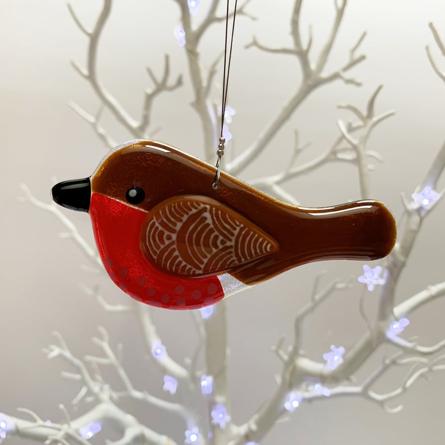 Fused Glass Jazzy Christmas Robin Hanging - Handmade Christmas Decoration