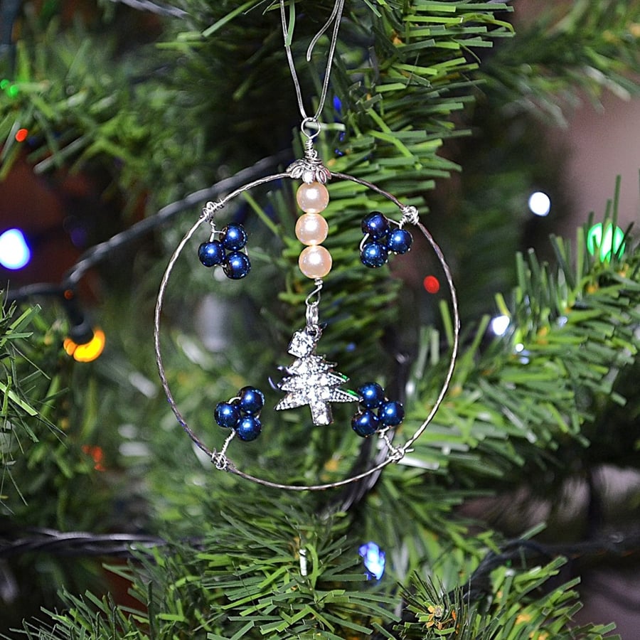 Upcycled Bangle Christmas Decoration – Blue and Pearl Glass with Sparkly Tree