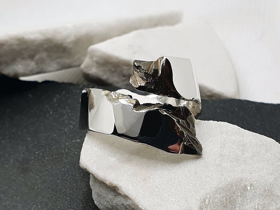 Brutalist, Adjustable Sterling Silver Open Ring with Oxidised Texture