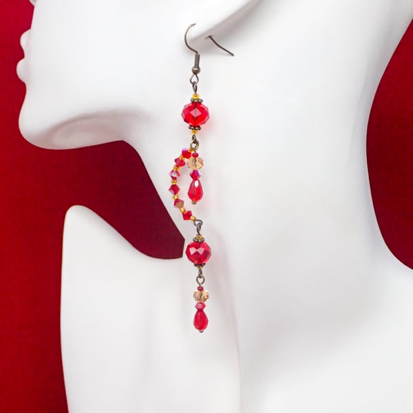 Sparkly Red Chandelier Dangle Earrings with Crystals