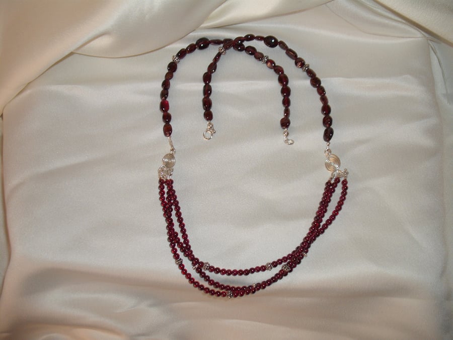 Sterling Silver Multi Stranded Garnet Necklace 