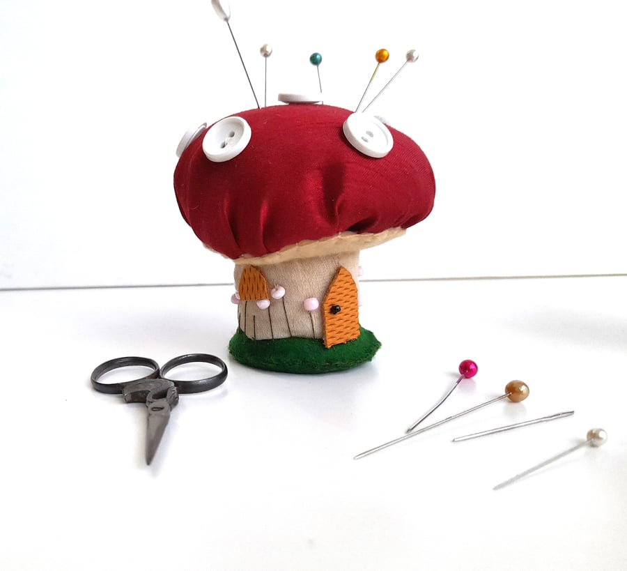 Toadstool Mushroom House Pin Cushion, handmade