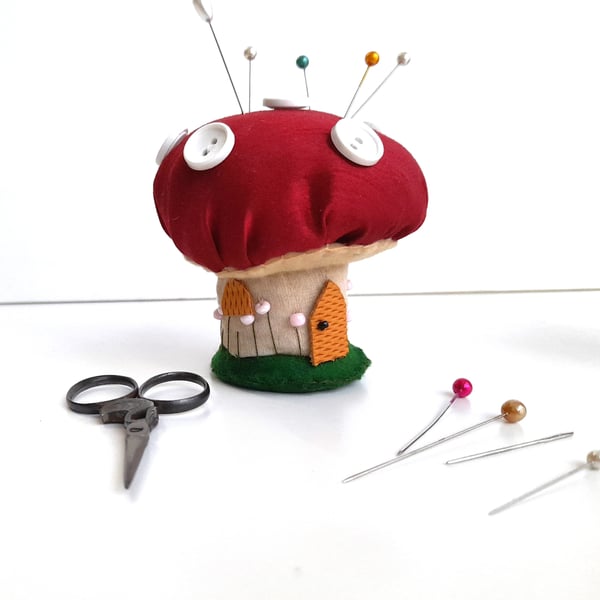 Toadstool Mushroom House Pin Cushion, handmade