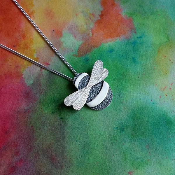 Sterling Silver Bumble Bee Pendant, Oxidised, Aero-Wings, Silver Curb Chain