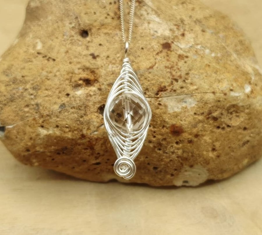 Herringbone Wire Wrap Clear Quartz pendant necklace. April birthstone