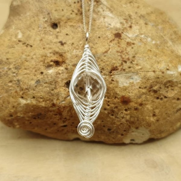 Herringbone Wire Wrap Clear Quartz pendant necklace. April birthstone