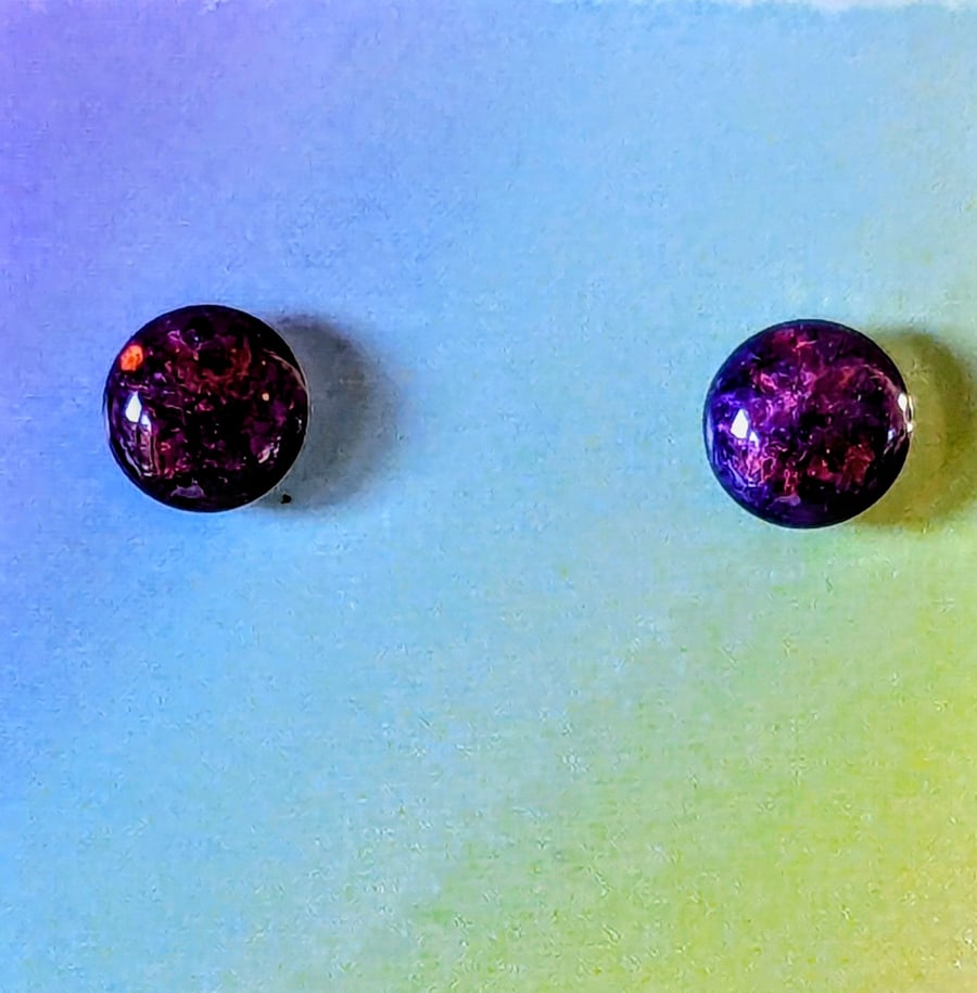 Purple Love Round Stud Earrings Stainless Steel Resin Filled Jewellery Gift