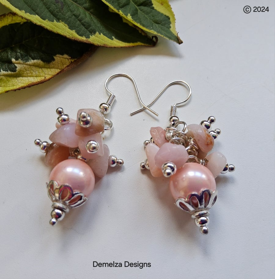 Natural Puruvian Pink Opal & Shell Pearl Silver Plate Earrings