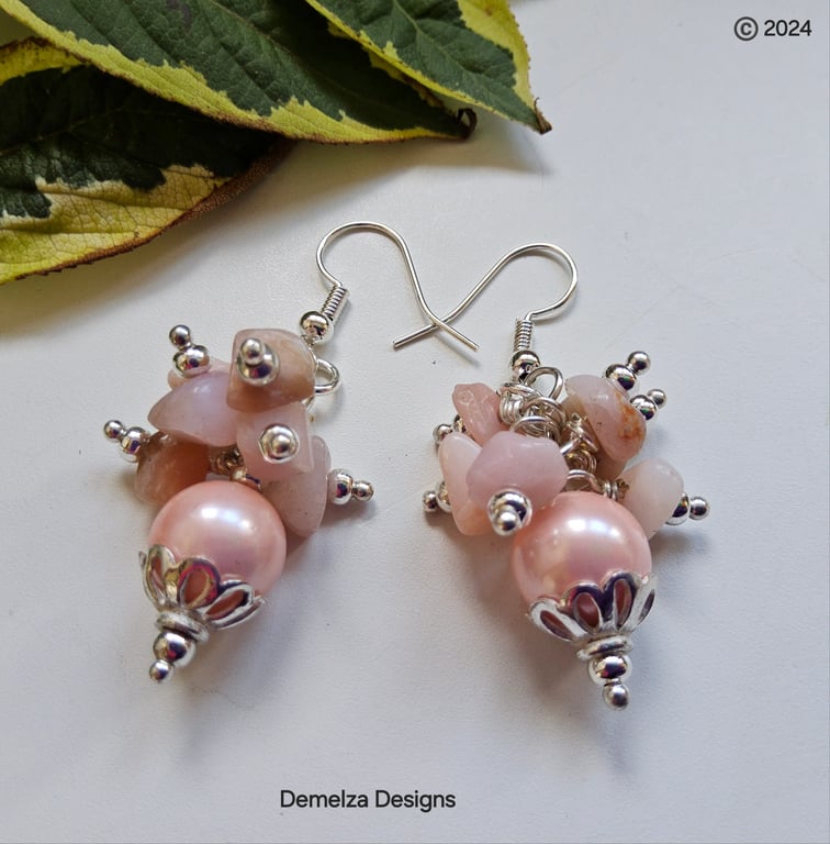 Natural Puruvian Pink Opal & Shell Pearl Silver Plate Earrings