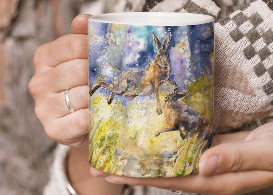 Hare Mug-boxing Hares design cup by Naomi Neale