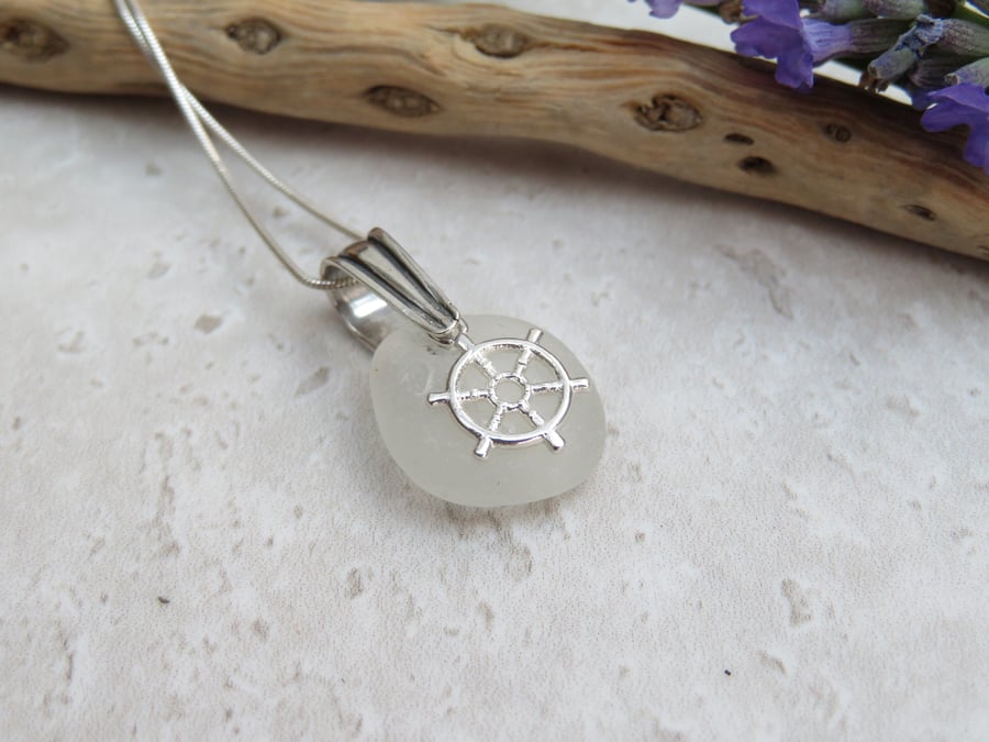 Frosty White Sea Glass Necklace with Silver Ship Wheel Charm