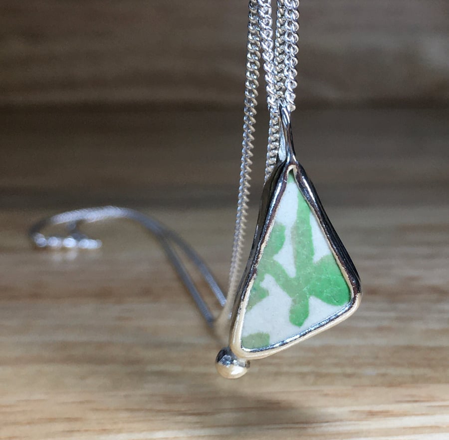 Handmade Green & White Sea Pottery and Silver Pendant & Silver Necklace 
