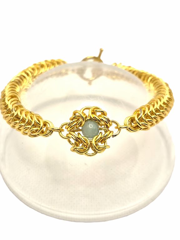 Gold plated chainmaille bracelet with green agate bead centre