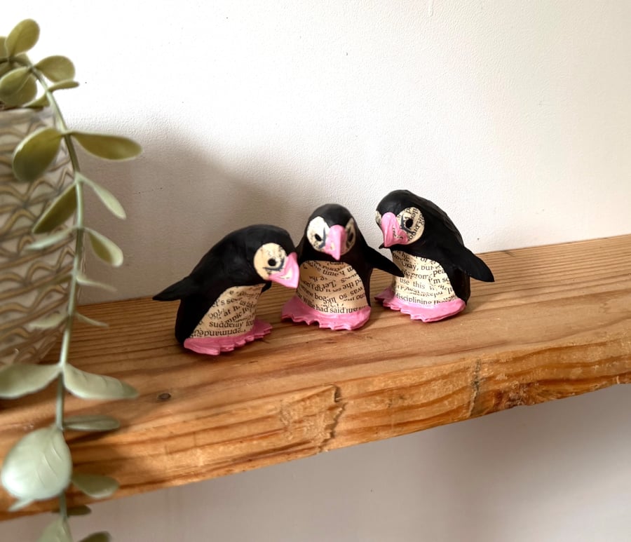 Pink Paper Puffins, Art for Booklovers, Handmade Nature Inspired Joy Gift