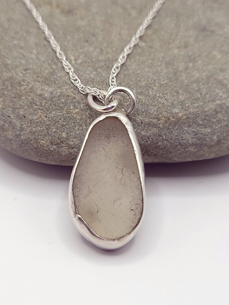Frosted White Sea Glass & Sterling Silver Pendant