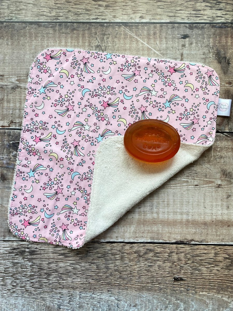 Organic Bamboo Cotton Wash Face Wipe Cloth Flannel Pink Rainbow Shooting Star 