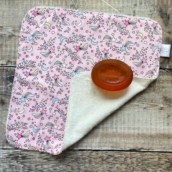 Organic Bamboo Cotton Wash Face Wipe Cloth Flannel Pink Rainbow Shooting Star 