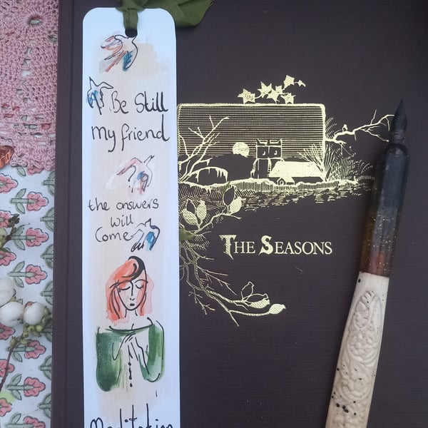  ' meditation 'Hand drawn and painted bookmark with silk ribbon '