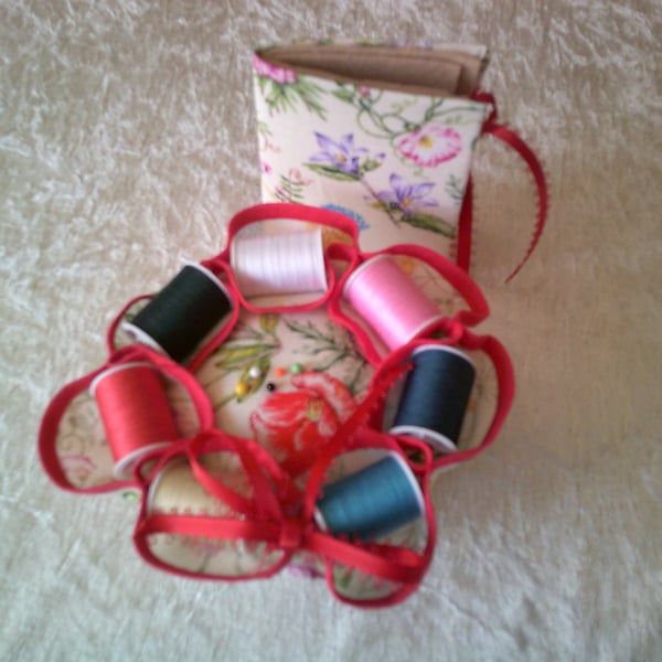 Needlecase and Cotton Reel Pin Cushion Set with Meadow Flowers