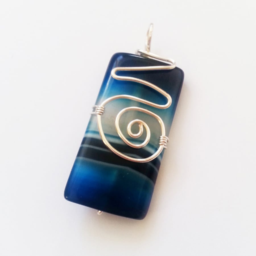 Blue Agate Wirework Pendant Necklace - One of a Kind Gemstone